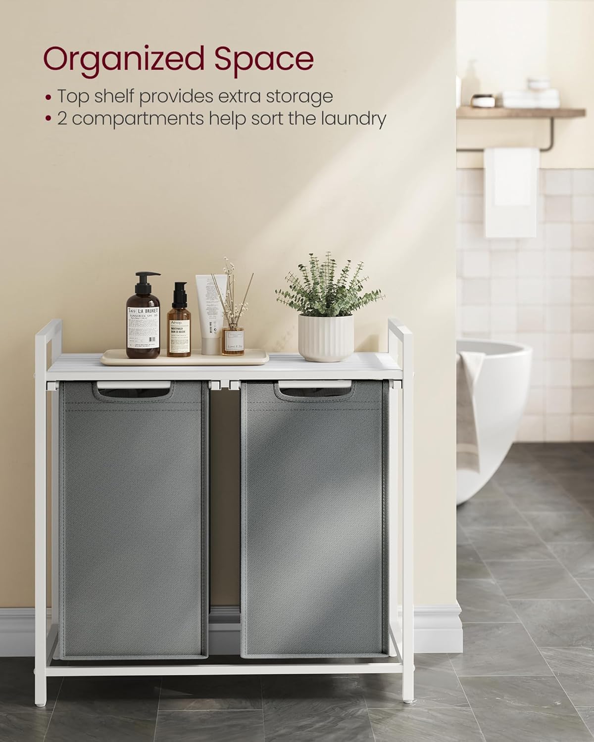 VASAGLE Laundry Hamper, Laundry Basket Sorter with 3 Pull-Out and Removable Bags, Shelf, Metal Frame, 3 x 10.6 Gallons (40 L), 36.4 x 13 x 28.4 Inches, Cappuccino Beige and Natural Beige UBLH301LH01