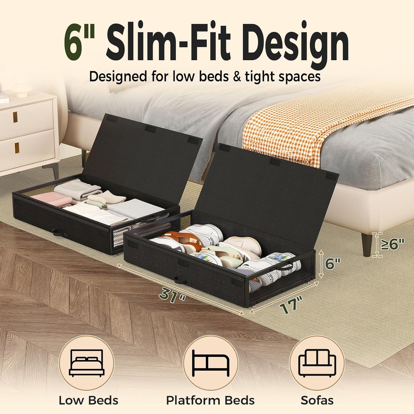 2 Pack Under the Bed Storage Containers,10 inch Height Under Bed Shoe Storage,31inch Long Underbed Storage with Wheels,Large Rolling under bed Clothes Storage Drawers with Lid for Dorm Tall ,Black