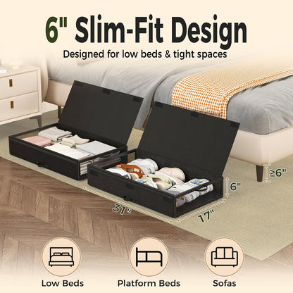2 Pack Under the Bed Storage Containers,10 inch Height Under Bed Shoe Storage,31inch Long Underbed Storage with Wheels,Large Rolling under bed Clothes Storage Drawers with Lid for Dorm Tall ,Black