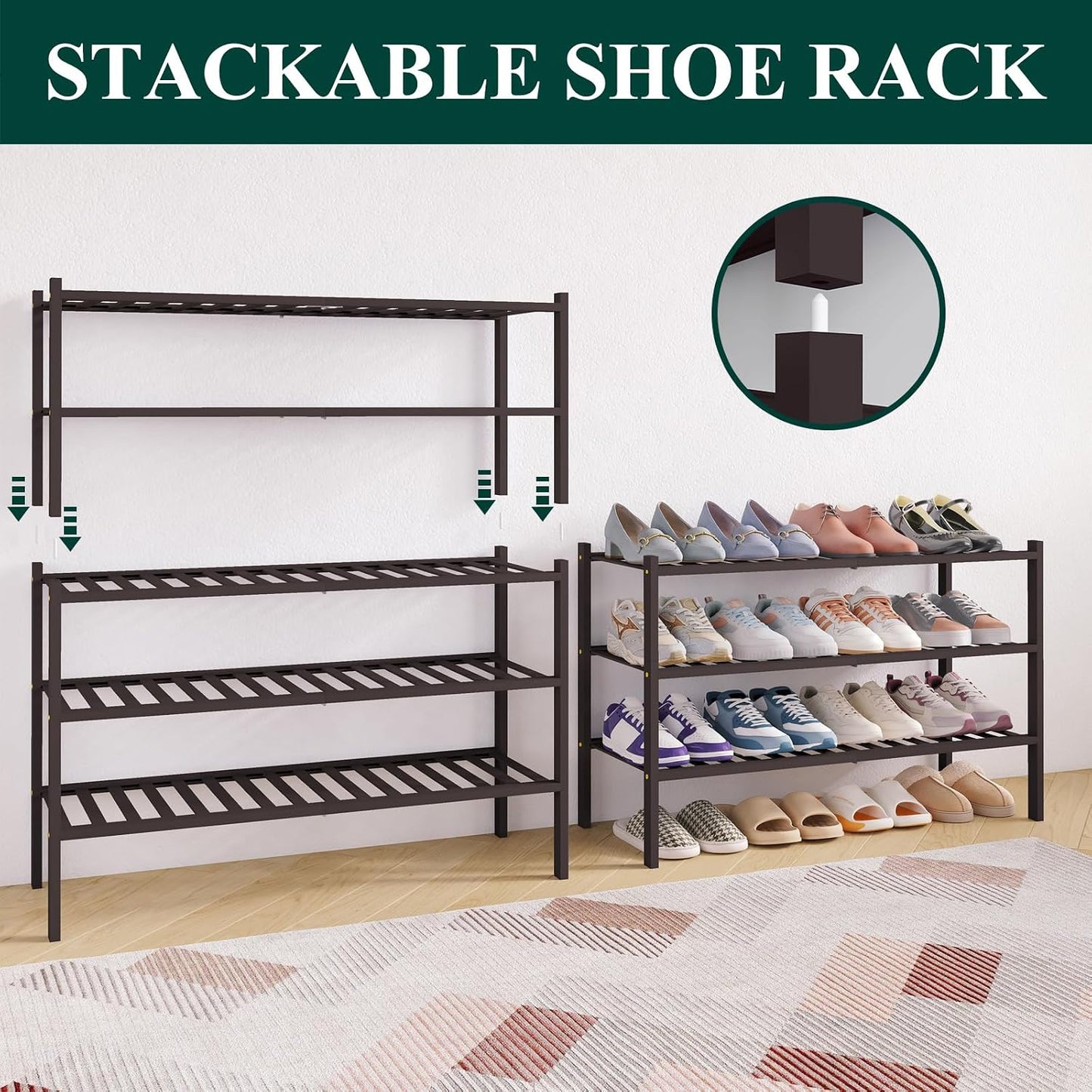 Smiry Bamboo Shoe Rack for Closet, 3 Tier Wooden Shoe Organizer, Stackable Wood Shoe Storage Shelf for Entryway, 14 Vertical Slats, One-piece Heavy-Duty Legs, 26.77"x11.02"x18.31", Natural