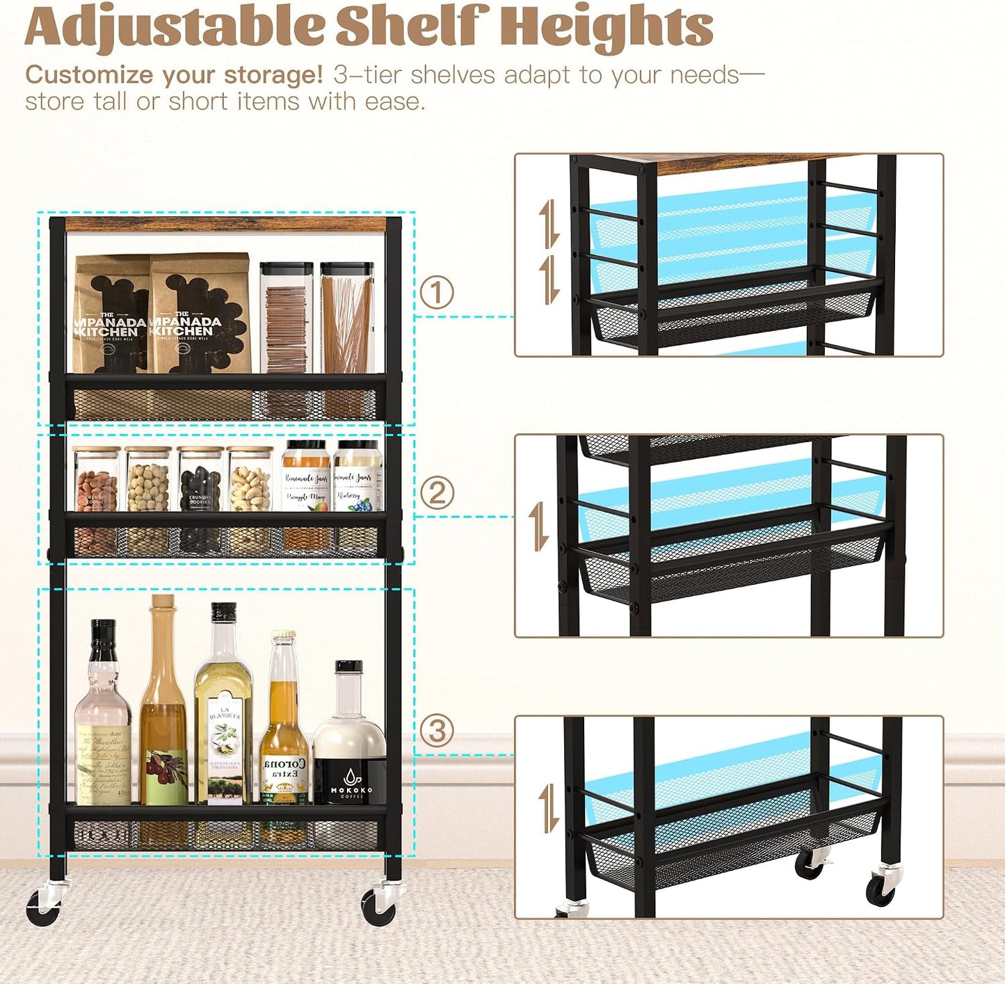 Narrow Storage Cart with Wheels,4-Tier Narrow Kitchen Carts Slim Rolling Cart,Skinny Storage Cart for Small Spaces,Rolling Utility Cart for Livingroom,Diningroom,Office,Laundry Room,Bathroom