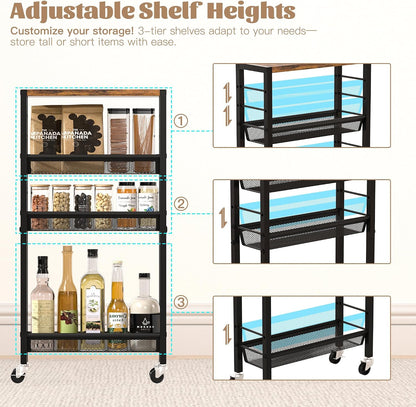 Narrow Storage Cart with Wheels,4-Tier Narrow Kitchen Carts Slim Rolling Cart,Skinny Storage Cart for Small Spaces,Rolling Utility Cart for Livingroom,Diningroom,Office,Laundry Room,Bathroom