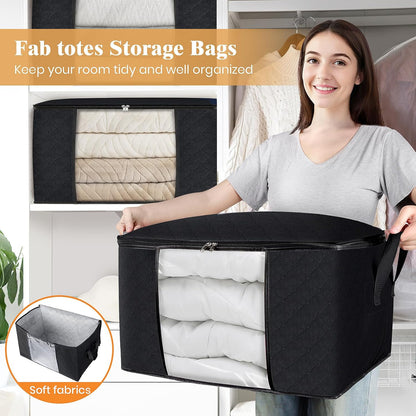 Fab totes 6 Pack Storage Bags for Clothes and Blanket, Foldable Closet Organizers and Storage with Zippers, Clear Window and Handles, Fabric Storage Bins for Sweater, Comforter, Bedding,Linen Sheets