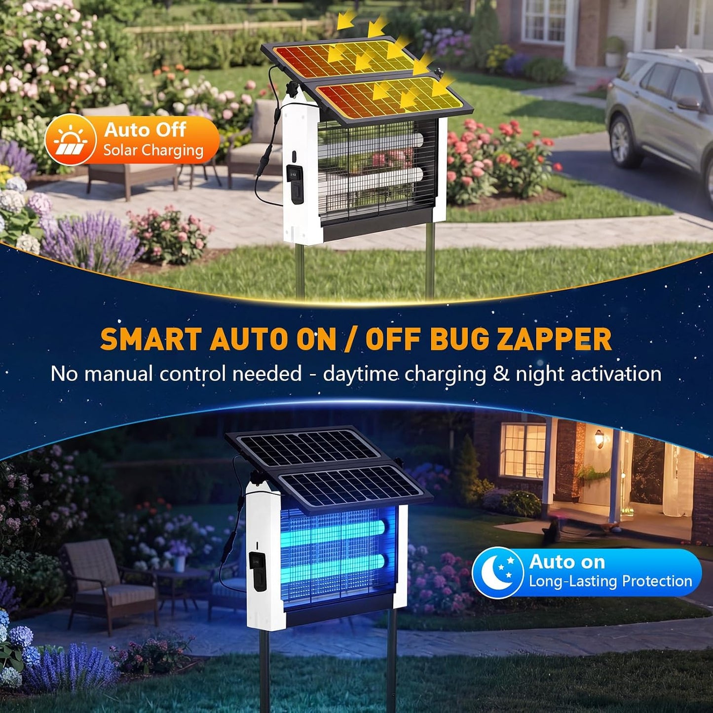 Solar Bug Zapper Outdoor, 4500V Solar Mosquito Zapper with Dual Solar Panels, 1/2 Acre Coverage Cordless Rechargeable Electric Fly Zapper, IPX5 Waterproof Mosquito Traps for Backyard, Patio, Camping