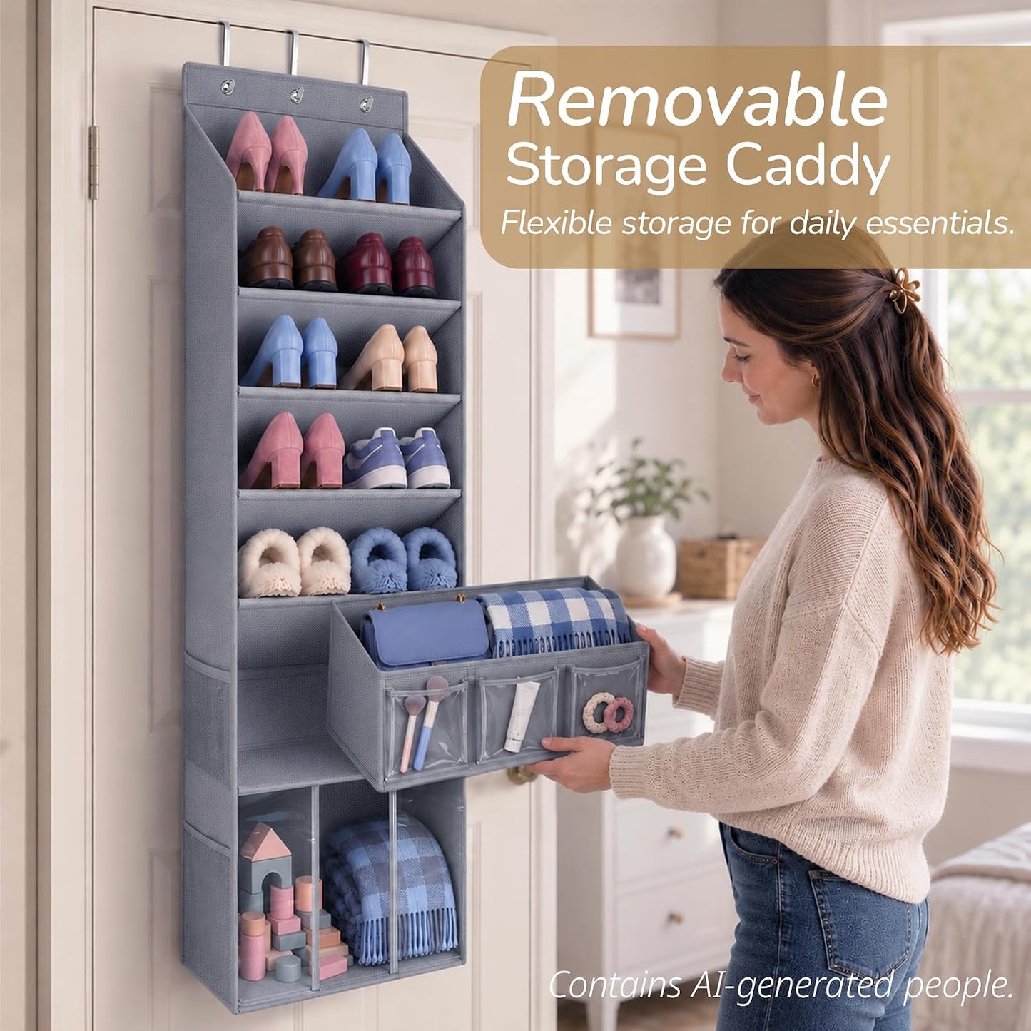 3in1 Over The Door Shoe Organizer with 5 Slanted Compartments,Removable Storage Bin & Transparent Pockets,Thickened Waterproof Oxford Fabric Shoes Rack for Shoes,Boots,Toys,Daily Essentials. (Beige)