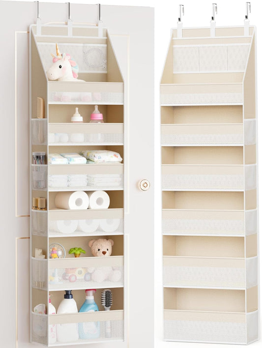 Criusia Over The Door Organizer, Heavy-Duty 6-Shelf Hanging Storage with 13 Mesh Pockets, 55lbs Capacity Behind The Door Storage for Nursery, Bathroom, Bedroom, and Dorm, Grey