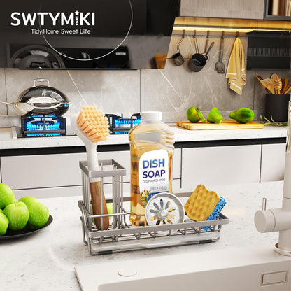 SWTYMIKI Sink Caddy Sponge Holder - Kitchen Sink Organizer with High Brush Holder for Countertop to Hold Dish Soaps and Sponges, Stainless Steel, Black