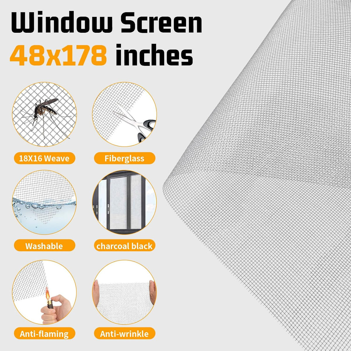 Window Screen Replacement,Screen Door Repair Kit, 48"x178" Black Window Screen Mesh,Including 50 FT Splines+Hooks+2 Rollers+8 Clips+Scissors+Knife+Tape Measure,Fully Equipped Window Screen Repair Kit