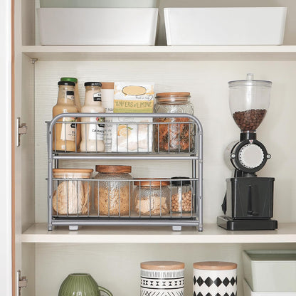 SONGMICS 2-Tier Pull Out Cabinet Organizers, Under Sink Organizer, Bathroom Organizer and Storage, Sliding Basket Drawers, Stackable for Kitchen, Bathroom, Metallic Silver UKCS017E01