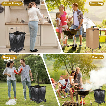 Portable Trash Bag Holder with Wheel, Adjustable 30-45 Gallon Outdoor Leaf Bag Stand, Durable Trash Bag Rack, for Yard, Lawn Cleanup, Gardening, Camping & Parties