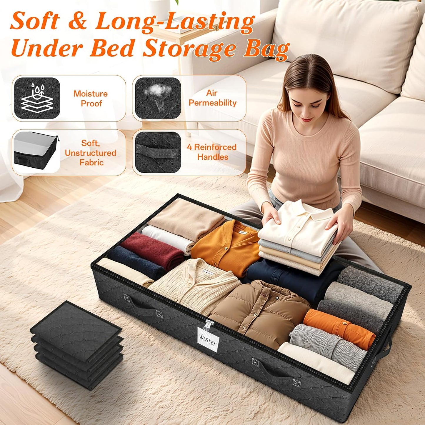 SpaceWhisper 90L Under Bed Storage Containers, 4-Pack Storage Bins with Clear Top, Foldable Closet Organizers and Storage with Label Holder for Clothing, Blankets, Comforter & Pillows (Grey)
