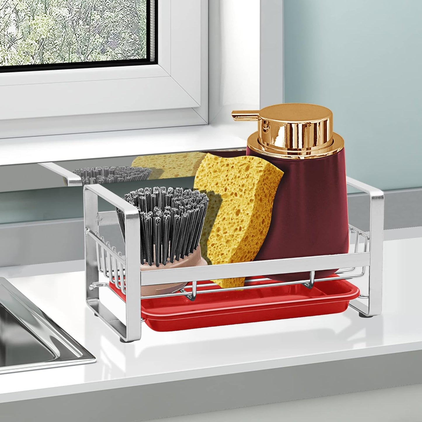 Kitchen Sponge Holder for Sink, Kitchen Sink Caddy Organizer, Sink Tray Drainer Rack, Dish Rags Brush Soap Storage Countertop with Removable Front Drain Pan - Black