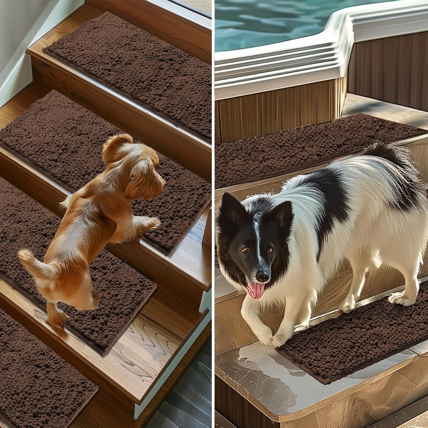 Muddy Mat® Pack of 4 - Soft Chenille Stair Treads Non-Slip Reusable, Super Absorbent Stair Treads for Wooden Steps, Tile & Marble Floor, Easy to Install & Machine Washable - Brown 30'' x 7''