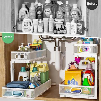 Under Sink Organizer 2 Pack, High Adjustable 2 Tier Under Sink Organizers and Storage, Slide out Metal Cabinet Organizers, Pull out Storage Drawer Shelf for Kitchen Bathroom Cabinet (Black-1pack)