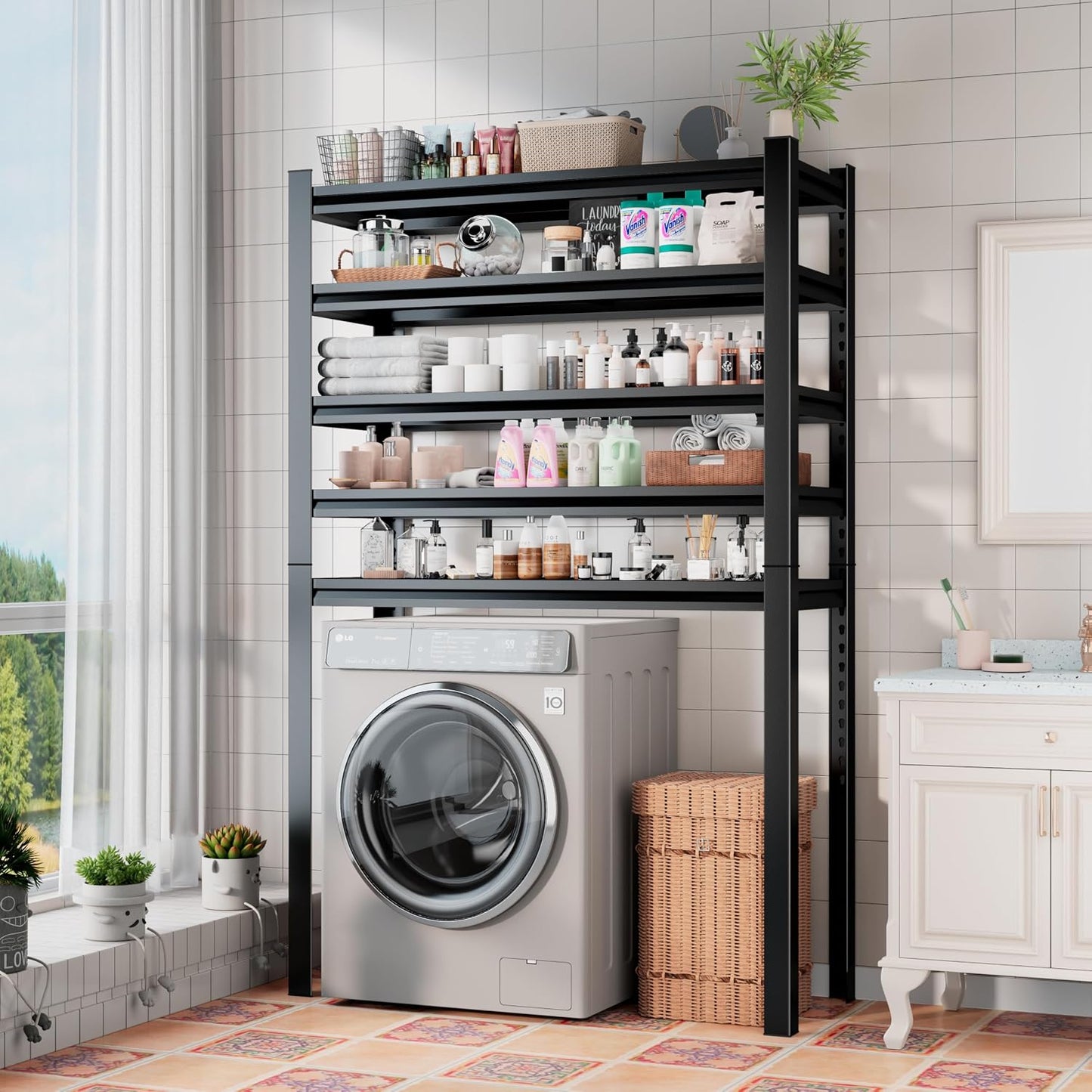 Over Washer and Dryer Shelves, Laundry Room Shelves Adjustable Metal Heavy Duty Freestanding Storage Shelves, Washing Machine Rack for Organization and Storage, Black (Black, 63''H*35.43''W*11.81''D)