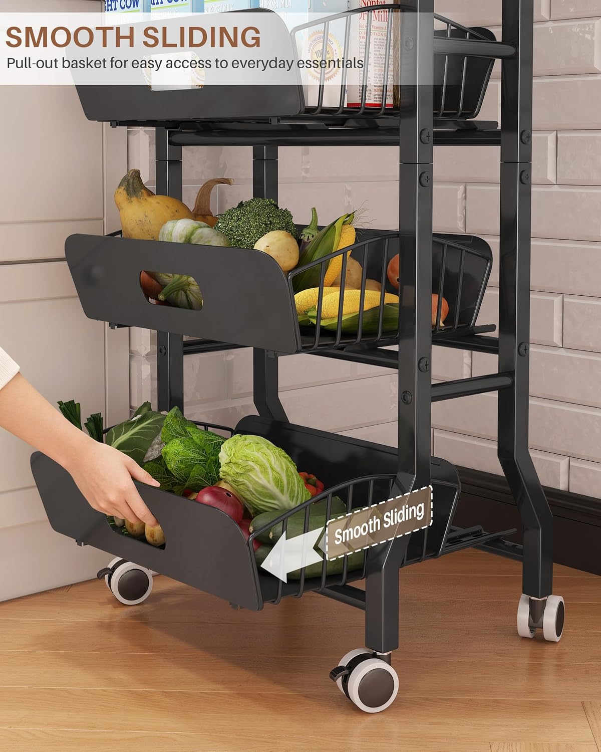 4 Tier Slim Fridge Side Cart with Slide Track Pull Out Baskets, Rolling Metal Kitchen Gap Storage Trolley