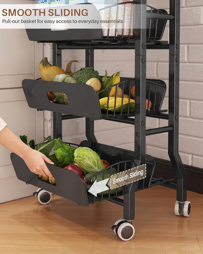 4 Tier Slim Fridge Side Cart with Slide Track Pull Out Baskets, Rolling Metal Kitchen Gap Storage Trolley
