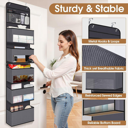 WISELIFE Over The Door Organizer Storage with 4 Large Pockets Door Hanging Organizer with Clear Windows behind The Door Storage for Nursery Bedroom Bathroom Pantry Closet and Baby Essentials Dark Grey