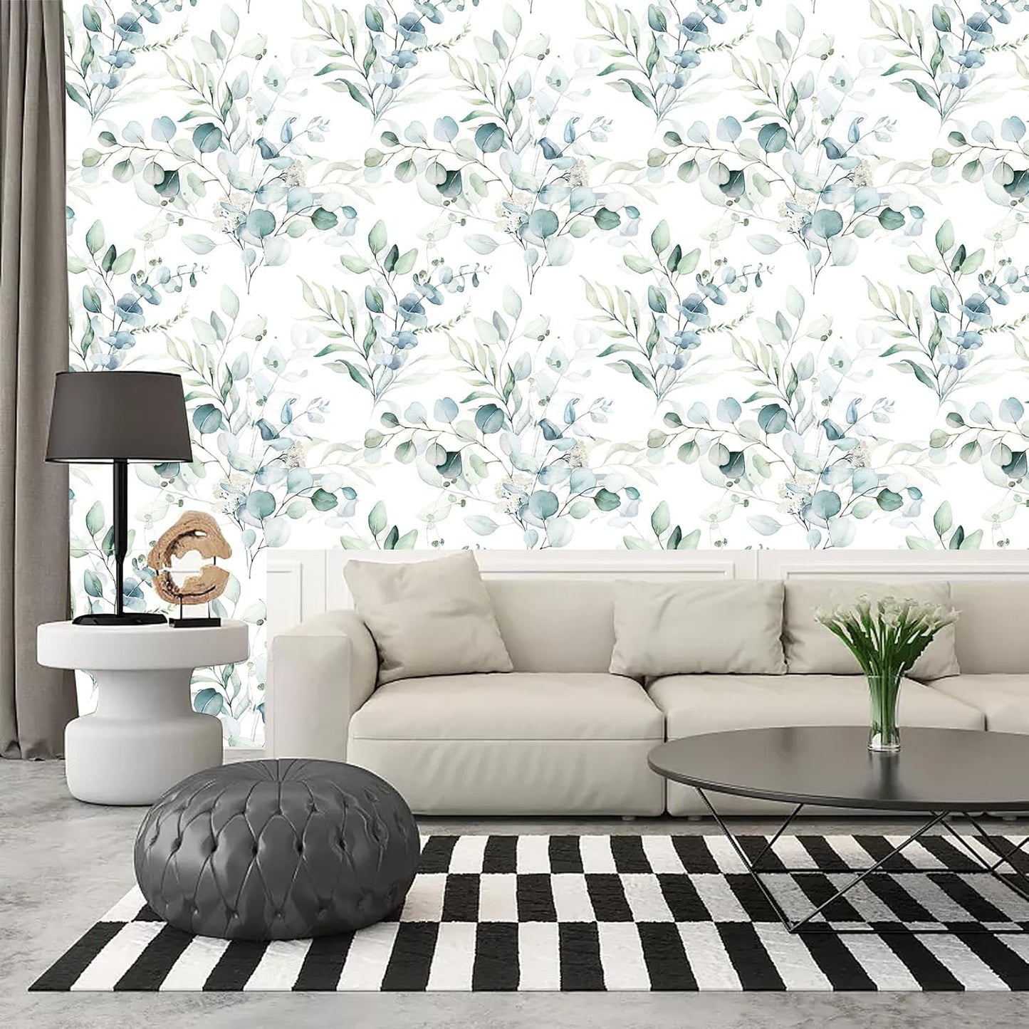 HAOKHOME Peel and Stick Wallpaper Boho Green/White Botanical Leaf Floral Wall Mural Home Nursery Decor Renter Friendly Wallpaper 17.3in x 9.8ft