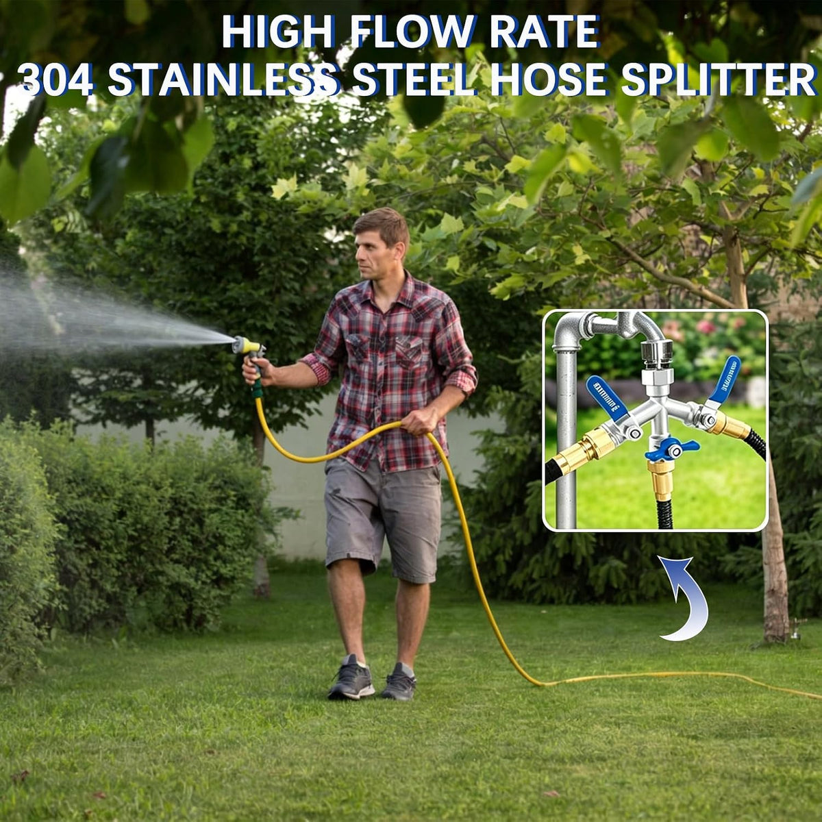 Hose Splitter 2 Way Heavy Duty, Full Flow Garden Hose Splitter with Large Easy-Turn Handle, 3/4 Inch GHT Brass Water Hose Splitter for Outdoor Faucet, Y Valve Hose Bib Splitter
