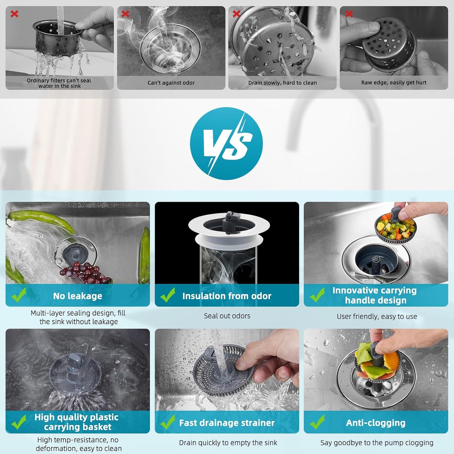 Hibbent 3 in 1 Kitchen Sink Drain Strainer, Stainless Steel Wrapped Shell Drain Stopper Combo, Pop Up Sink Stopper, 3 Anti-Clogging Basket Strainer with Foldable Handle for US Standard 3-1/2" Drain