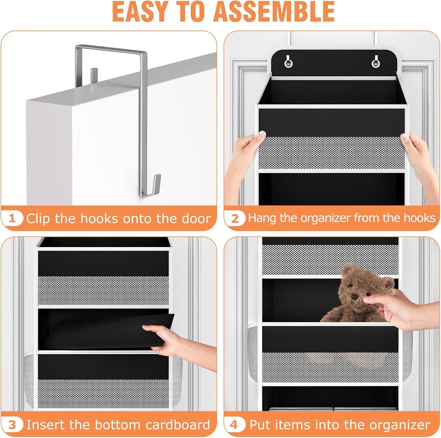 WISELIFE Over The Door Organizer Storage 4 Shelves Large Capacity Hanging Bedroom Storage Solution with 6 Side Pockets for Dorm Bathroom Pantry Nursery and Baby Essentials Holds up to 40 Lbs (Black)