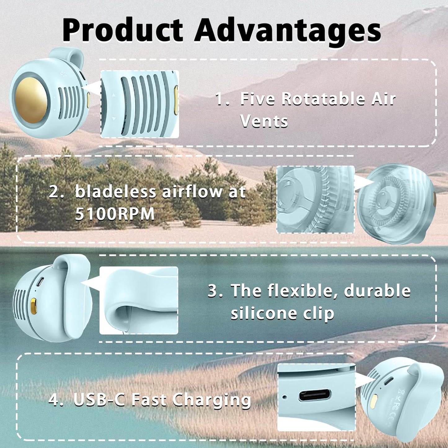 Portable Clip-On Fan, Mini USB Rechargeable 360° Rotatable Fan, 3-Speed Silent Mini Bladeless Fans
