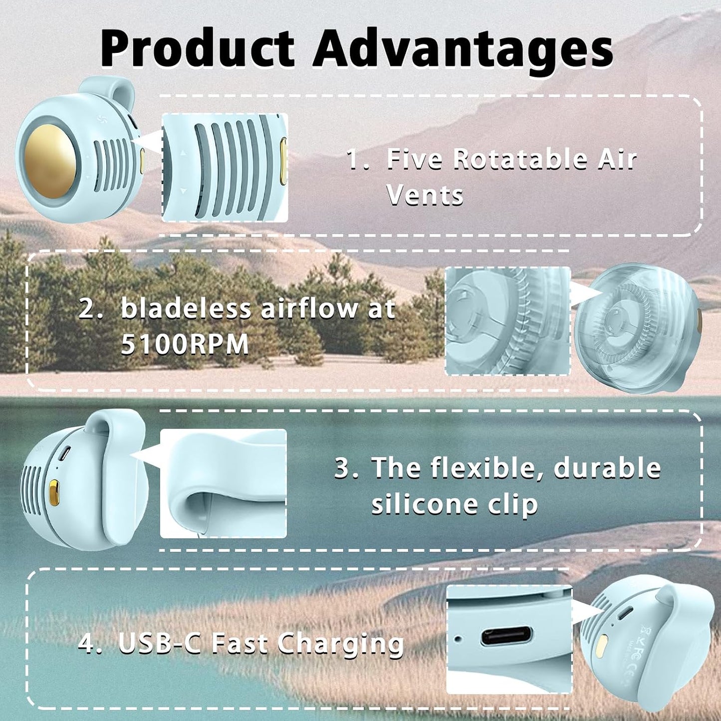 Portable Clip-On Fan, Mini USB Rechargeable 360° Rotatable Fan, Personal Fan 3-Speed Silent Mini Bladeless Fans