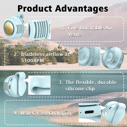 Portable Clip-On Fan, Mini USB Rechargeable 360° Rotatable Fan, Personal Fan 3-Speed Silent Mini Bladeless Fans