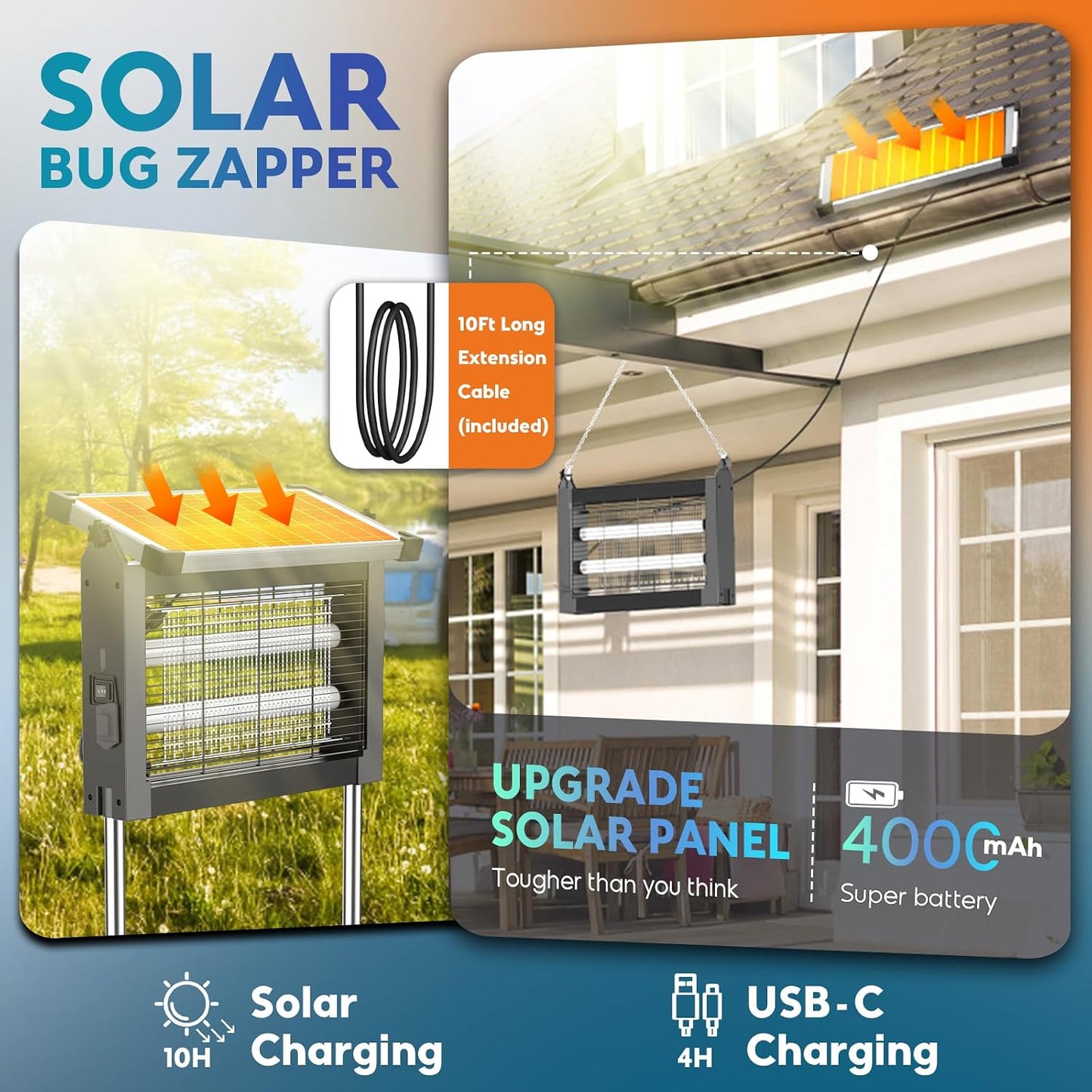 Solar Bug Zapper Outdoor, PhatroyYee Mosquito Zapper 4500V, Waterproof Portable Fly Zapper, Rechargeable Electric Mosquito Killer, Cordless Fly Insect Mosquitos Trap for Patio Yard Home Garden Camping