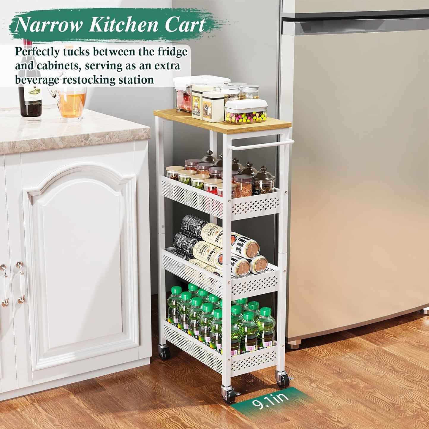 OKZEST Utility Slim Storage Cart, 4 Tier Small Rolling Kitchen Laundry Room Cart with Wood Top, Metal Narrow Bathroom Storage Cabinet Mobile Shelf Unit Organizer Trolley with Handle for Narrow Space