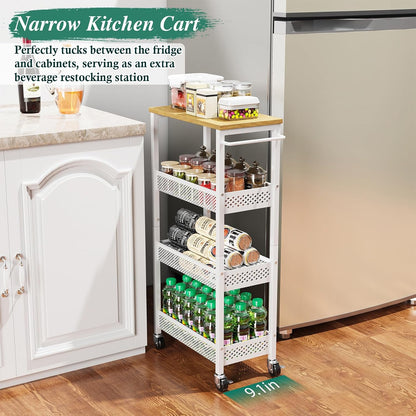OKZEST Utility Slim Storage Cart, 4 Tier Small Rolling Kitchen Laundry Room Cart with Wood Top, Metal Narrow Bathroom Storage Cabinet Mobile Shelf Unit Organizer Trolley with Handle for Narrow Space