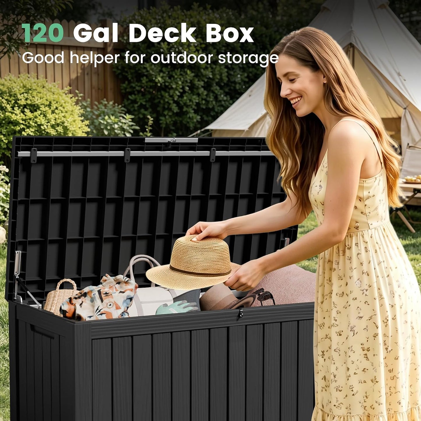 100 Gallon Storage Box, Waterproof Resin Deck Box with Hydraulic Piston Design, Lockable Storage Bench for Package Delivery, Storage Bin for Patio Cushions, Garden Tools, Black