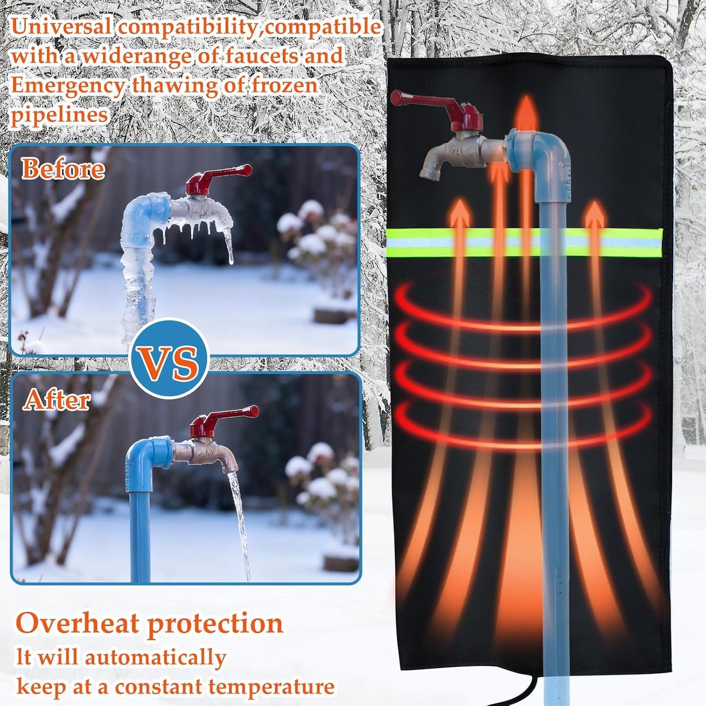 Heated Outdoor Faucet Covers for Winter, 25"×13" Waterproof Insulation Water Heater Blanket with 6.2ft Cable Reusable Hose Bib Cover Spigot Pipe Heating Wrap Freeze Protection for RV Farm Lawn Faucets