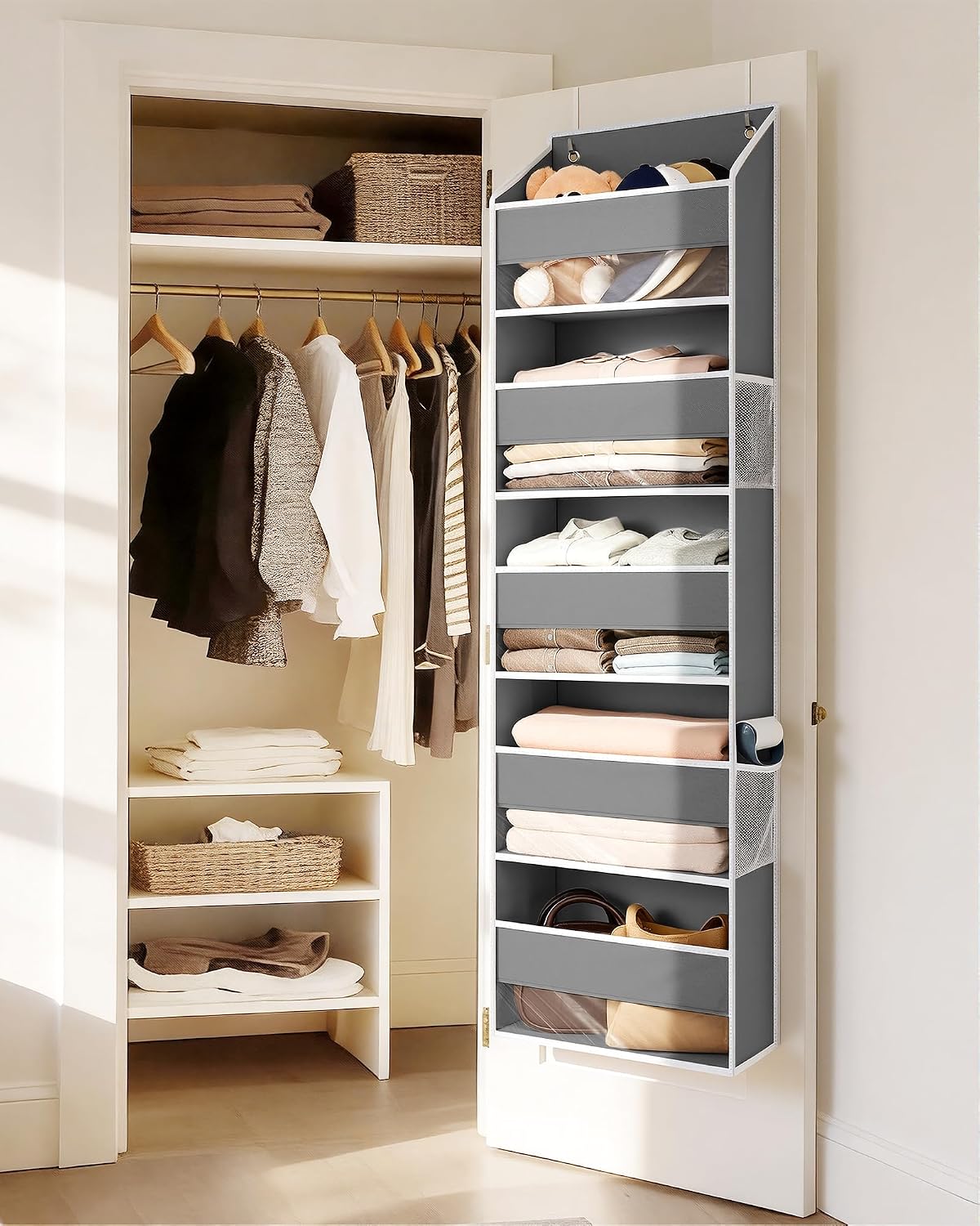 ULG 1 Pack Over Door Organizer with 5 Large Pockets 10 Mesh Side Pockets, Upgraded Linen Texture Over The Door Storage, 44 lbs Weight Capacity Hanging Storage Organizer, Ivory