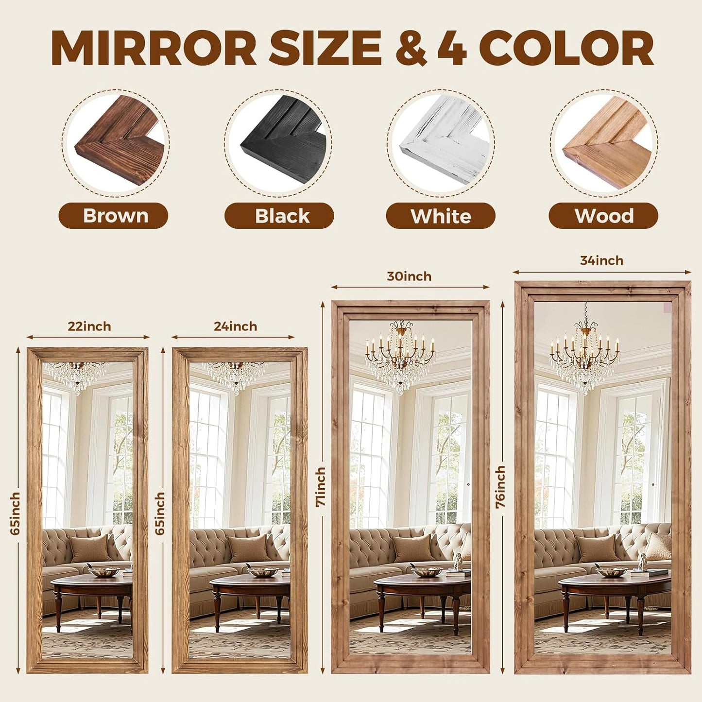 65"x22" Full Length Mirror Solid Wood Frame Floor Mirror with Stand for Living Room, Bedroom Hanging Standing or Leaning, Brown