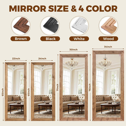 65"x22" Full Length Mirror Solid Wood Frame Floor Mirror with Stand for Living Room, Bedroom Hanging Standing or Leaning, Brown