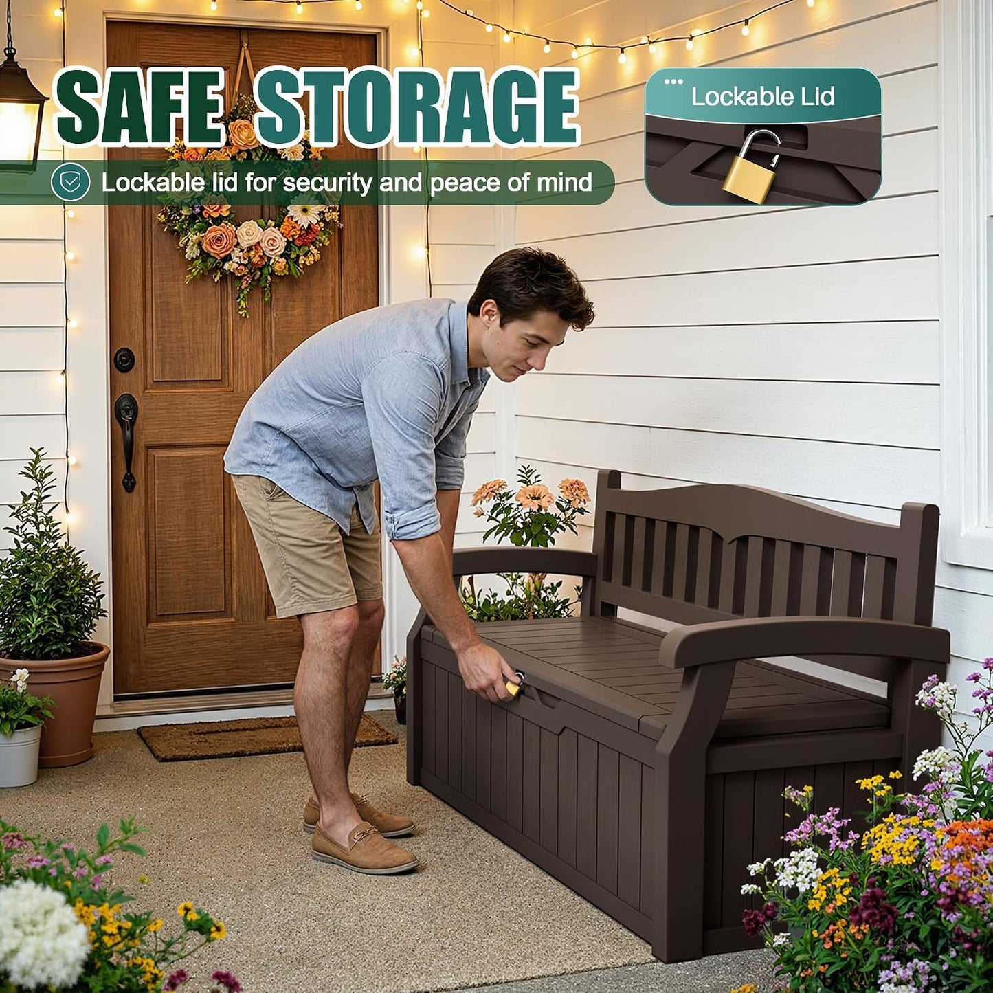 Devoko 80 Gallon Storage Bench Deck Box Lockable for Patio Furniture, Garden Decor and Outdoor Seating for Cushions, Garden Tools and Pool Supplies (Black)