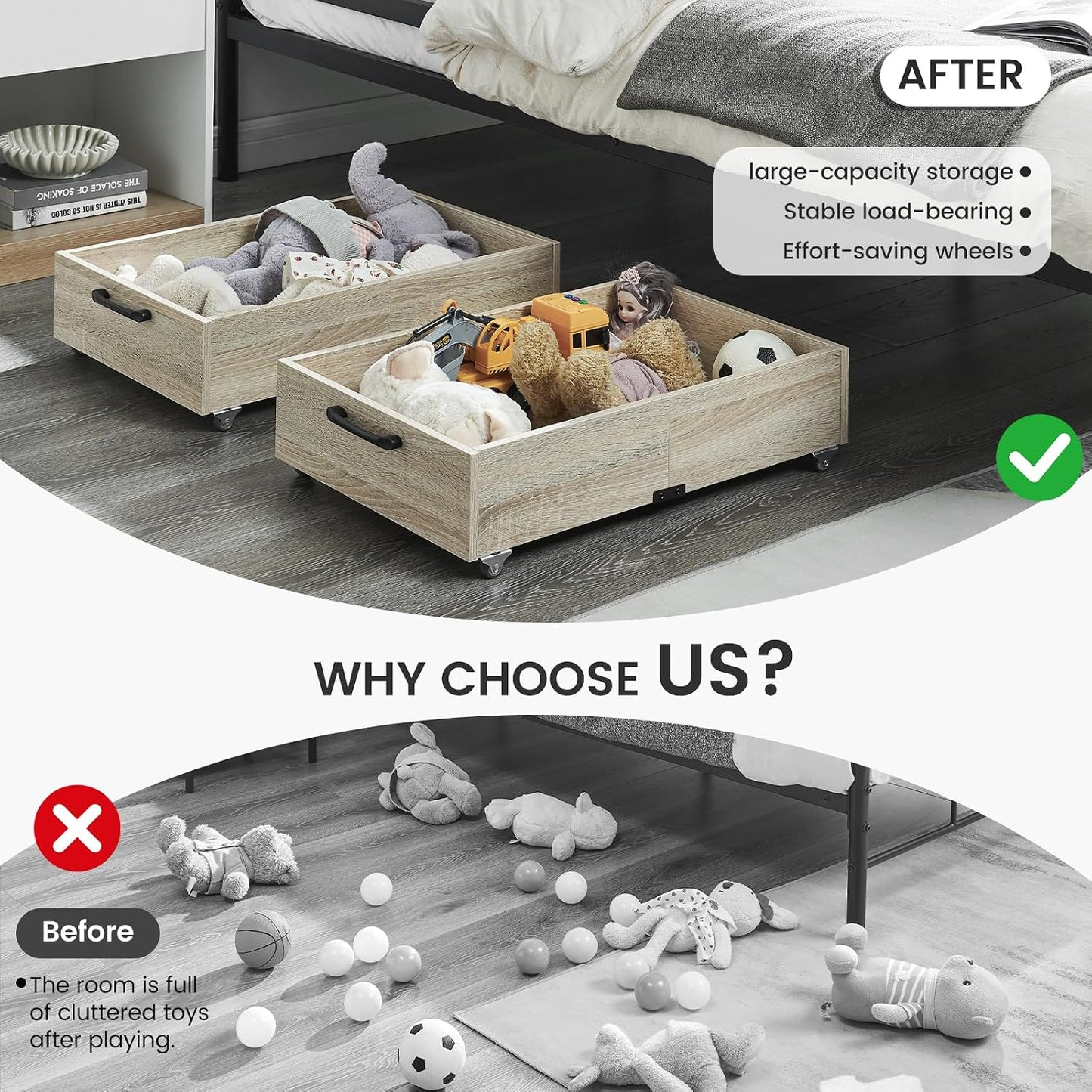 TIOPGHAD 2-Pack Under Bed Storage Drawers Organizer with Wheels, Brown | 58L total capacity, 80 lb per Drawer, Fits 6 in Bed Clearance, Rolling Drawers for Shoes, Clothes, Linens, Toys