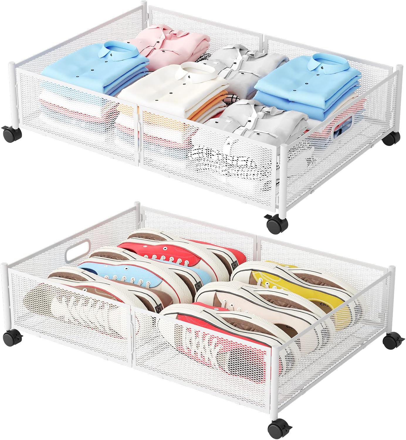 Gawerk Under Bed Storage with Wheels, Foldable Metal Mesh Underbed Storage Container Bins, Tool-free Assembly Clothes Drawer Organizer,2Pack