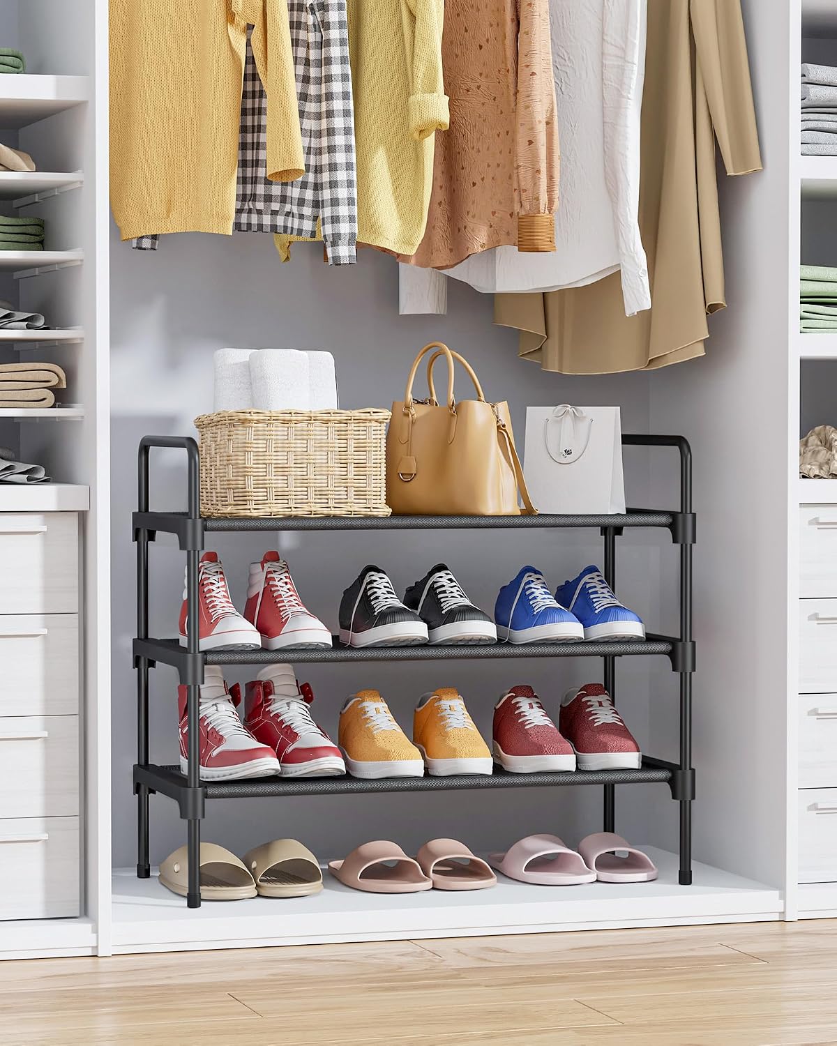 Kitsure Shoe Rack for Closet, Sturdy Shoe Storage for Entryway, Space-Saving Shoe Rack Small and Shoe Shelf, 27.6" Wide, Black