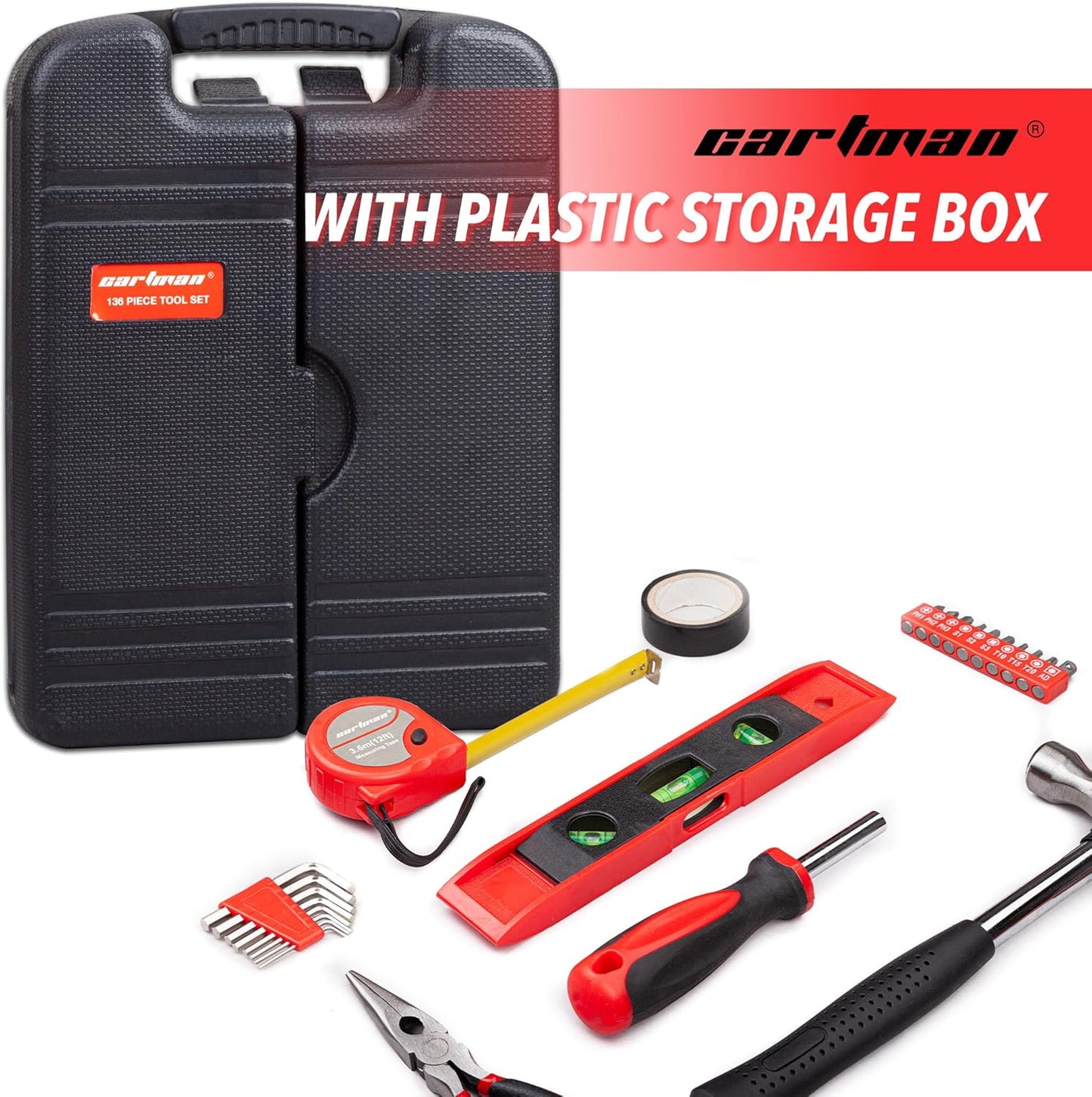 CARTMAN 136-Piece Household Tool Set, Home Repair Kit With Storage Case Box | Complete tool assortment for home repairs, office fixes, dorm needs, furniture setup, crafting, and everyday household fixes.
