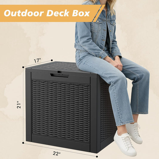 Fancyango 75 Gallon Outdoor Deck Box Waterproof, Large Storage Box for Patio, Resin Storage Bench Lockable for Garden Tools, Package Delivery, Black