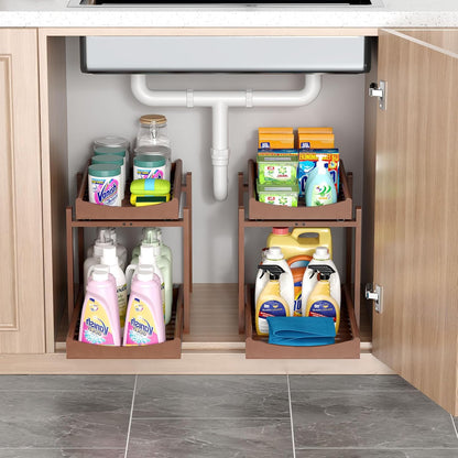 Bamboo Under Sink Organizer and Storage, 2 Pack Pull Out Cabinet Organization, 2 Tier Vertical Slide Out Undersink Storage Shelf, Multi-Purpose Organizer Shelves for Kitchen Bathroom Medicine