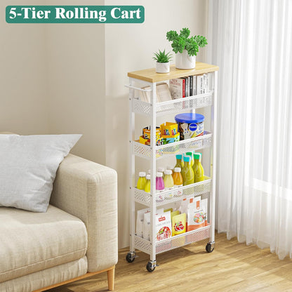 Giwil Slim Storage Cart 5 Tier Narrow Kitchen Rolling Cart on Wheels for Small Space, Metal Utility Cart Narrow Bathroom Storage Cabinet Mobile Shelf Unit Organizer with Wood Top and Handle, Black