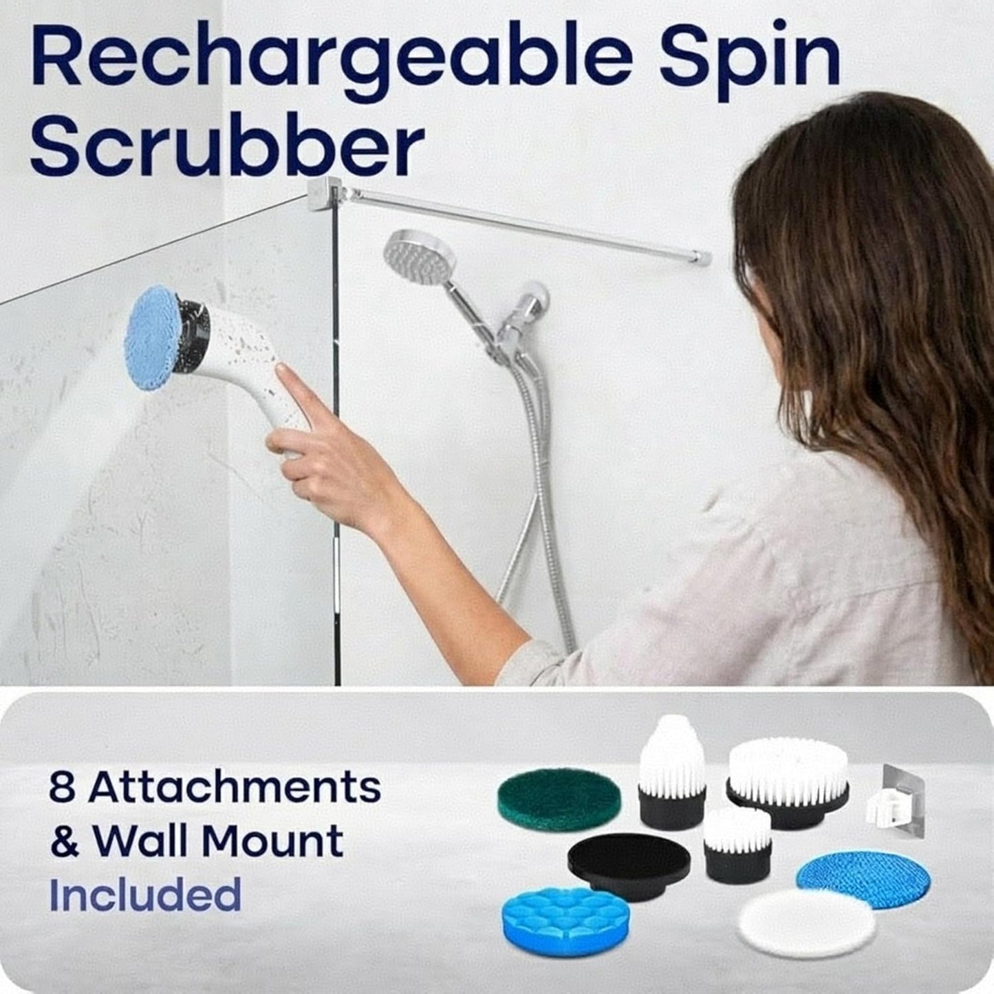 Cleanninja Electric Spin Scrubber for Cleaning, Adjustable Shower Brush with 7 Replaceable Heads & Power LED Display, 2 Speed Waterproof Cordless Shower Scrubber for Bathtub, Kitchen, Car, White