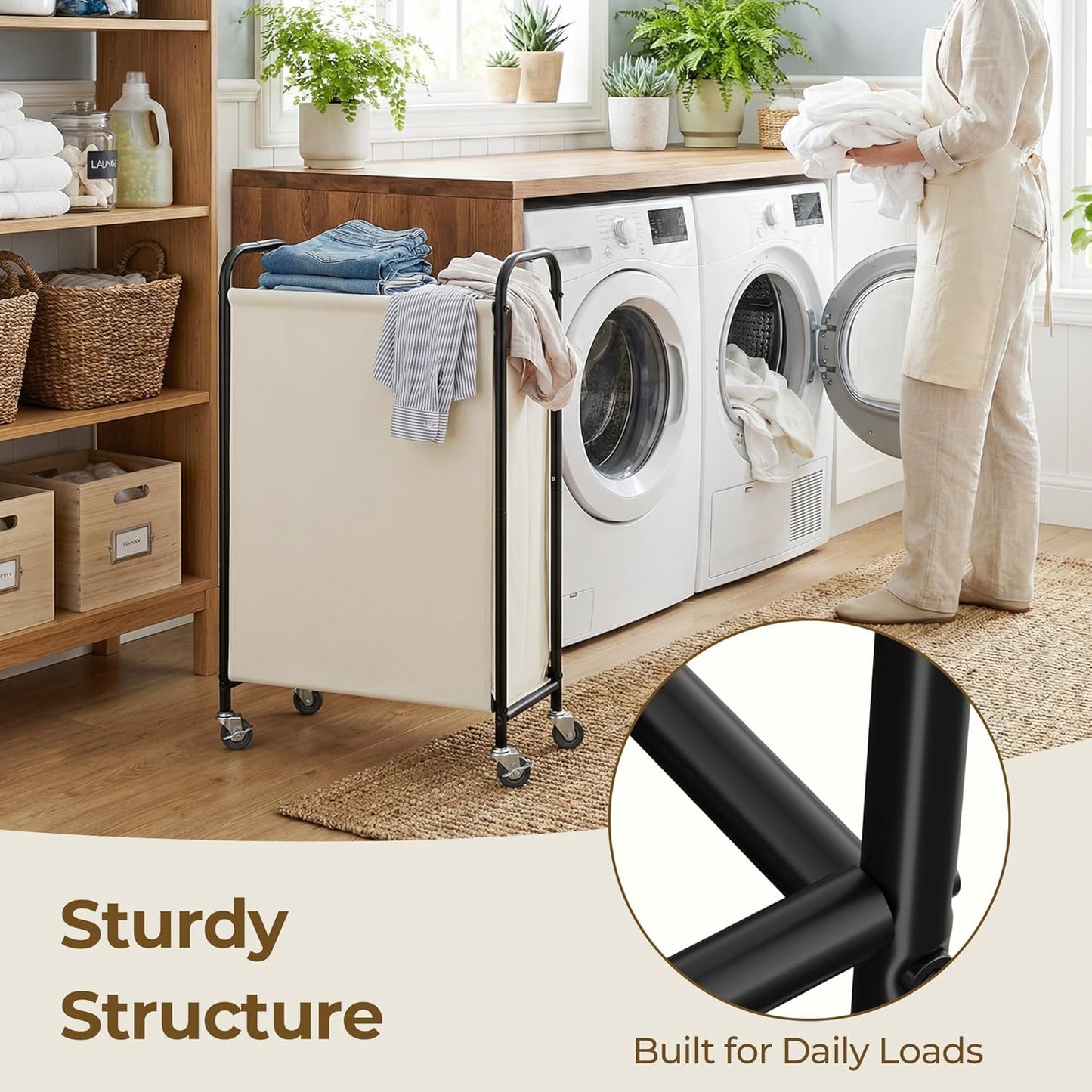 GRANNY SAYS 2 Section 130L Laundry Sorter, Large Laundry Hamper Basket with Wheels and Handles, Durable and Sturdy Rolling Cart for Laundry Room, Hotel, Bedroom, Beige