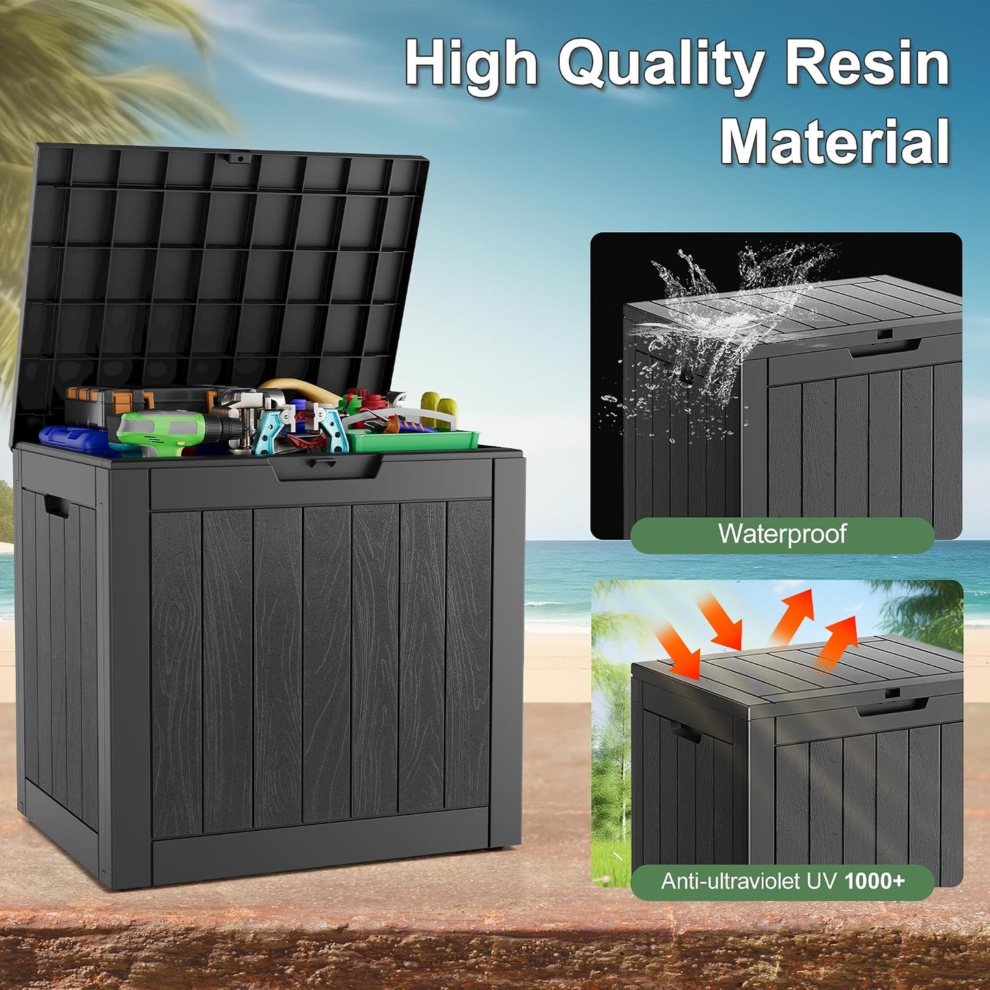 KAMABOKO 31 Gallon Outdoor Storage Box, Resin Deck Boxes Indoor and outdoor, Waterproof Storage Box Lockable Lid for Garden Tools, Package Delivery, Pool Supplies, Patio Cushions, Black