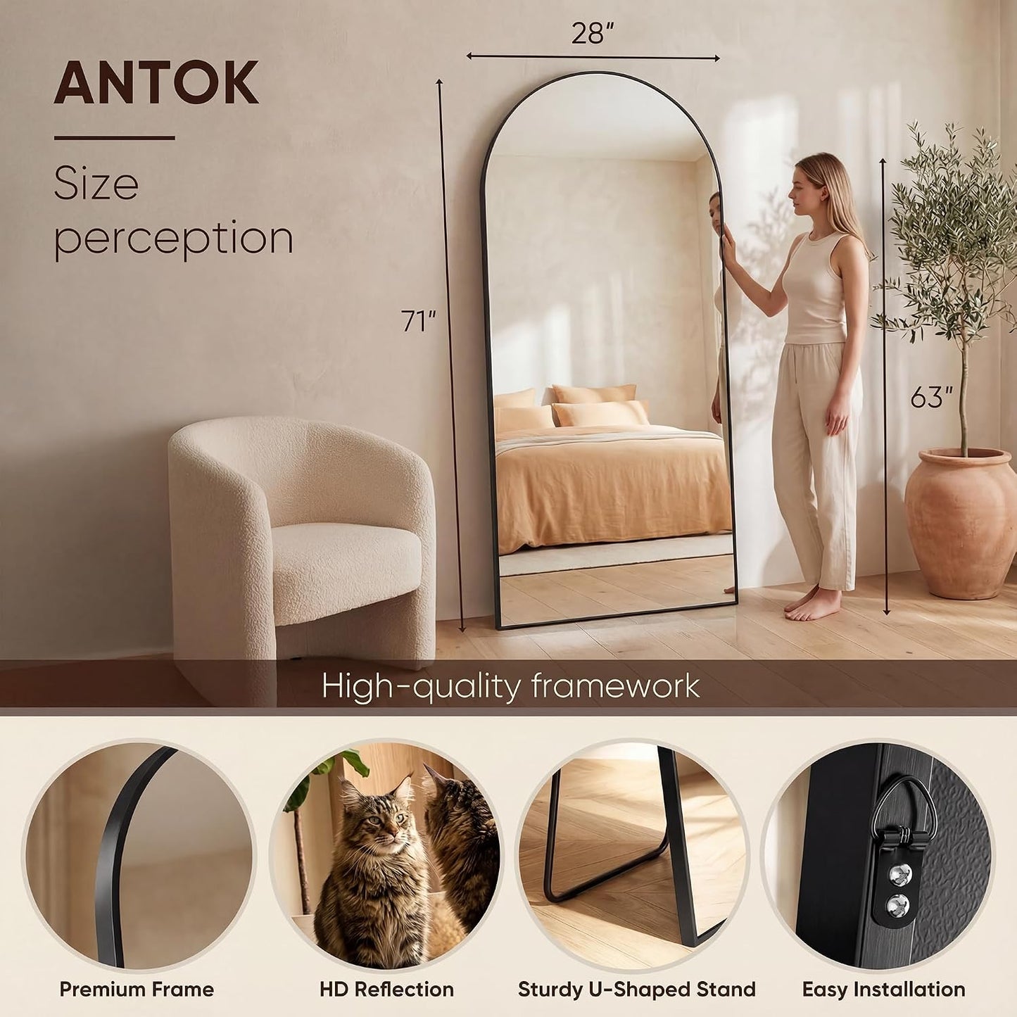 Antok 58" x19” Arched Full Length Floor Mirror, Gold Aluminum Frame, Free Standing/Wall Mount/Leaning for Bedroom, Living Room, Dressing Room