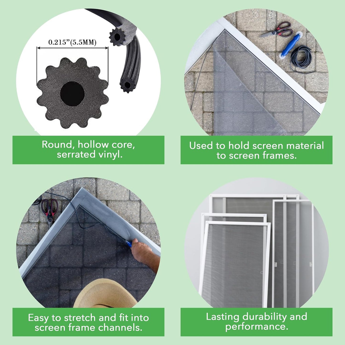 Screen Spline - 0.205" Round Retainer - 15lb Roll - Black Bulk Screen Holder for Door, Window & Net Fixing - Repair & Replacement